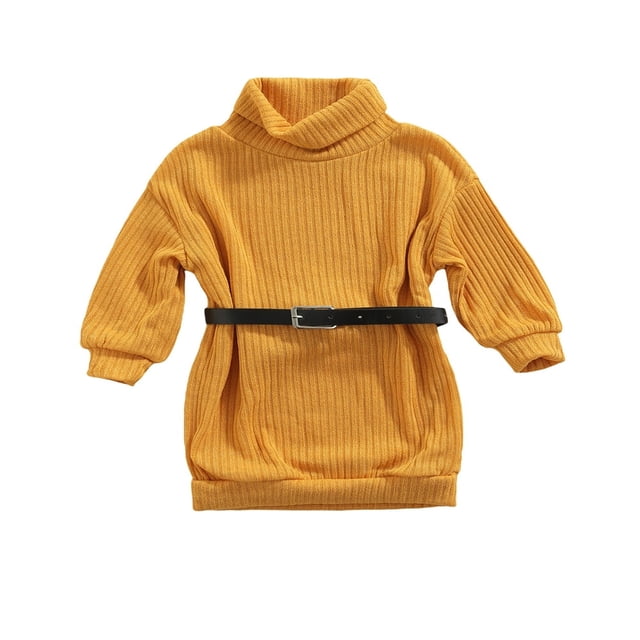 Robe Chandail pour Filles Bébé Hiver Automne Col Roulé Manches Longues Tricotée avec Ceinture Vert 3-4 Ans