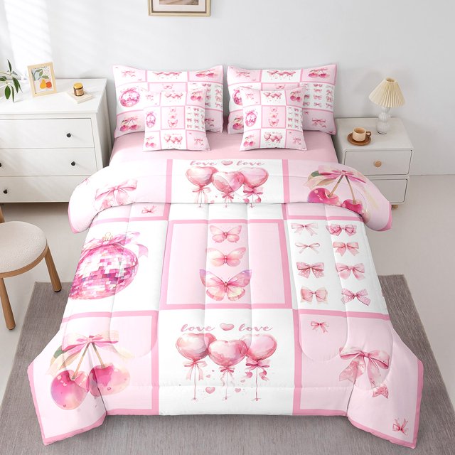 Erosebridal Lit Papillon Rose en Sac Taille Simple, Ensemble de Lit Nœud Cerise, Décor à Carreaux, Réversible 7 Pcs