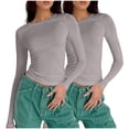 thumbnail image 2 of Frostluinai 2 Pack Y2K Shirts for Women Long Sleeve Ruched Tops Crew Neck Workout T Shirts Solid Color Slim Fit Blouses Soft Crop Tees, 2 of 4