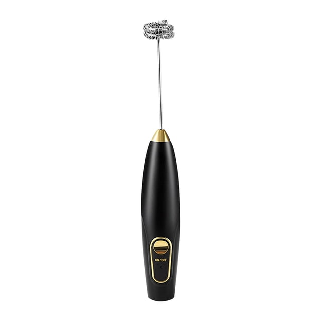 Frother for Coffee, a portable mini coffee maker with a black plastic body and gold accents, featuring an oval-shaped whisk for frothing milk, cream, and sauces. Rechargeable design with three gear settings, ideal for creating foam in 15 seconds or less. Suitable for coffee shops and home use.