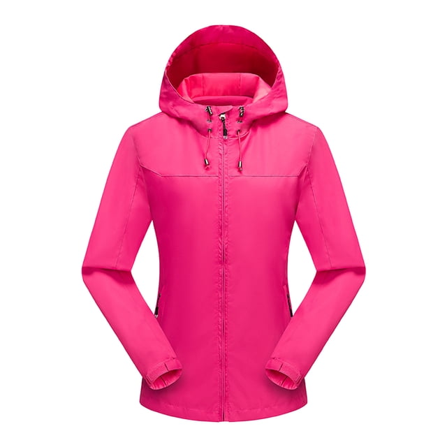 LSLJS Women Color Outdoor Long Sleeve Zipper Sunscreen Windproof Raincoat Plus Size Hooded Jacket Coat( Hot Pink, M)