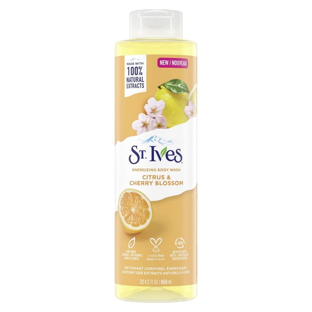 St. Ives Citrus & Cherry Blossom Body Wash in a 650 ml clear bottle with flip-top cap, featuring a yellow label with citrus and cherry blossom images, made with 100% natural extracts and plant-based cleansers for energizing, gentle daily skin cleansing.