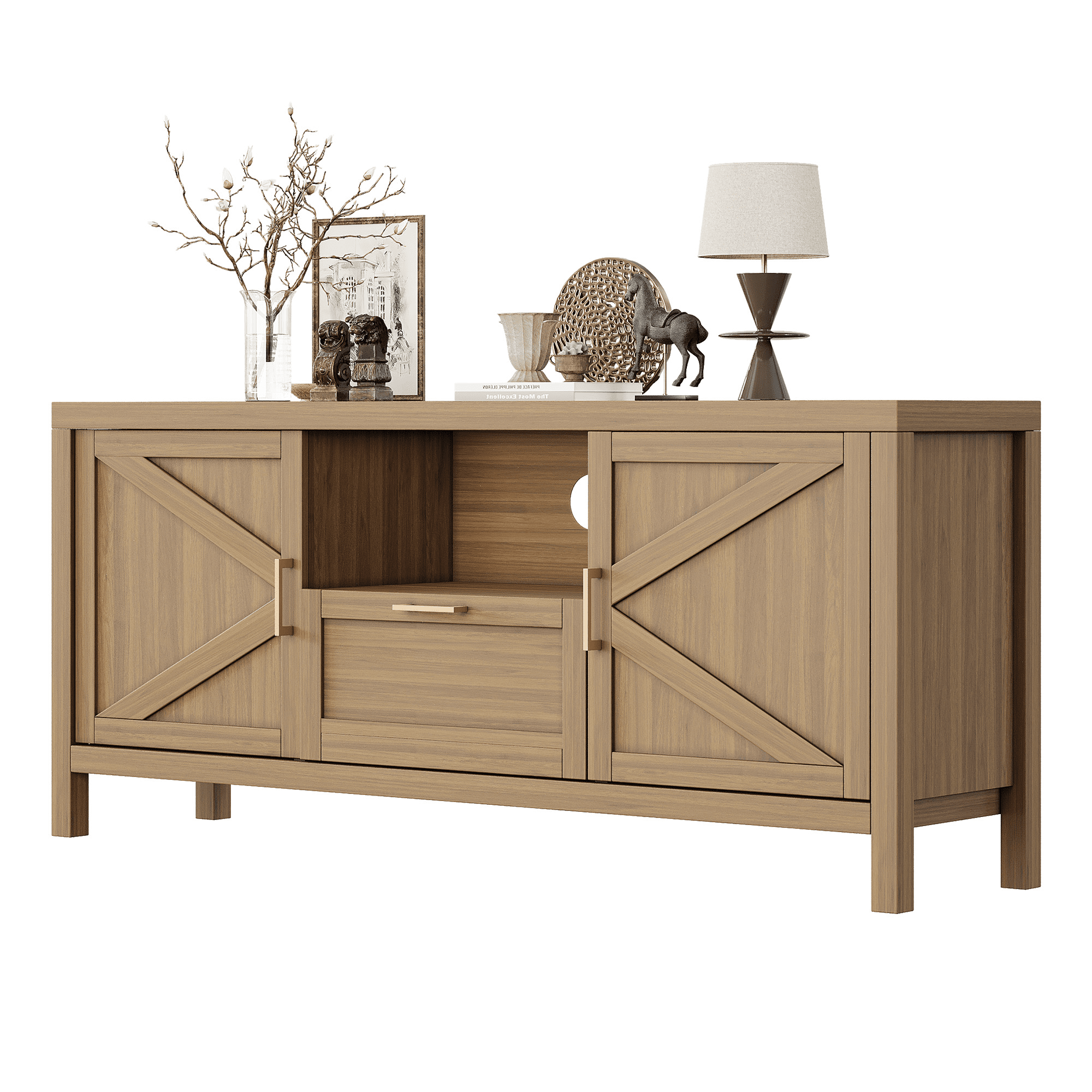 59 Inch TV Stand for TVs Up to 65'', Modern Entertainment Center with Hole, Legs, Handles, Media Console Table with a Large Drawer,  An Open Shelf and 2 Door Cabinets for Living Room