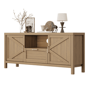 59 Inch TV Stand for TVs Up to 65'', Modern Entertainment Center with Hole, Legs, Handles, Media Console Table with a Large Drawer,  An Open Shelf and 2 Door Cabinets for Living Room