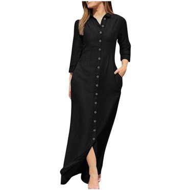 cfhntfmh Robes Maxi pour Femmes Décontractées d'Automne à Col, Manches Longues, Chemises Boutonnées, Robe Douce en Coton et Lin