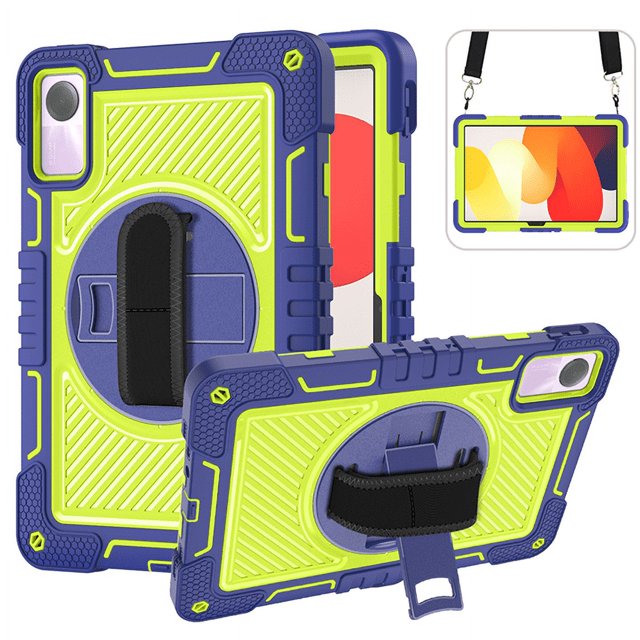 For Xiaomi Redmi Pad SE 11 Inch 360 Rotating Tablet Case Kids Safe Cover With Hand Shoulder Strap 3-Layers Protection Funda Capa Navy Blue-Aqua Redmi Pad SE 11 inch
