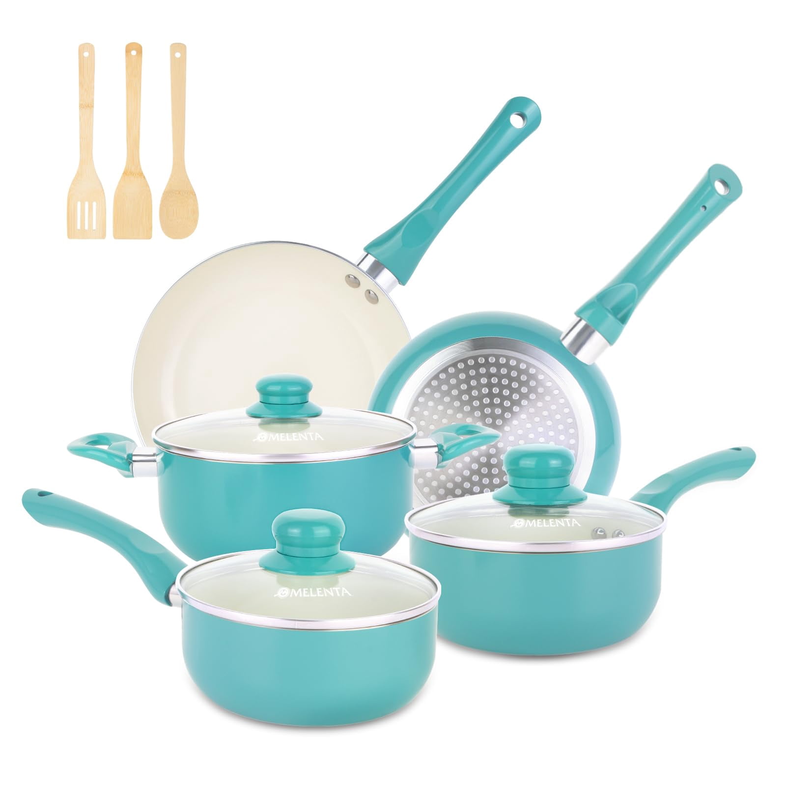 M MELENTA Pots and Pans Set Nonstick, 11pcs Kitchen Cookware Sets Induction Cookware, Ceramic Non Stick Cooking Set, Stay Cool Handle & Bamboo Kitchen Utensils, PFOA Fre