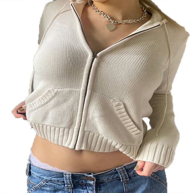 Chandails à Capuchon pour Femmes avec Poches à Fermeture Éclair Tricot Manches Longues Veste Chandail Court à Fermeture Éclair Automne Brun