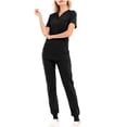 thumbnail image 2 of Scrubs Set for Women V-Neck Stretch Scrub Top and Drawstring Jogger Pants with 6 Pockets Anti Wrinkle Soft Nursing Uniform Set Solid Color Short Sleeve Long Pants Work Suit Black, 2 of 5