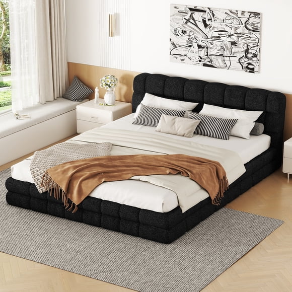 MODERNLUXE Queen Size Upholstered Platform Bed, Berber Fleece Bed Frame with Headboard and Wood Slats Support,Easy Assembly, Black