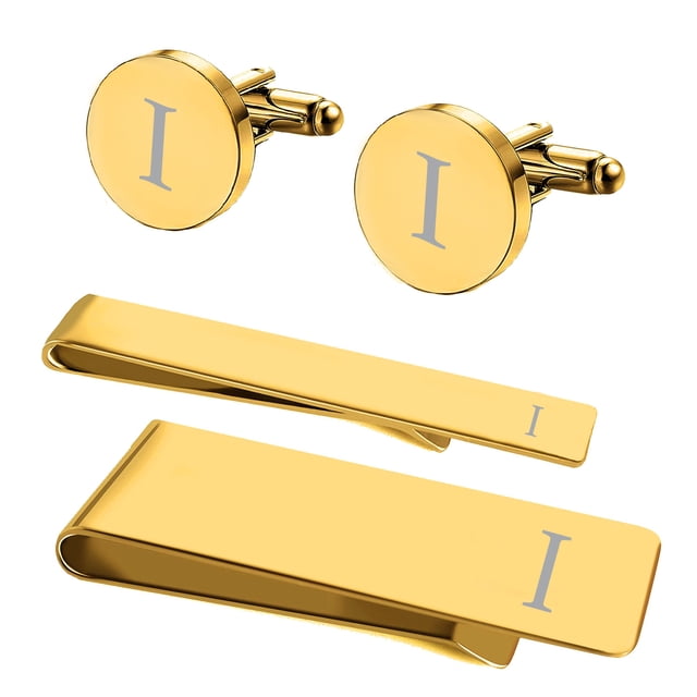 BodyJ4You 4PC Cufflinks Tie Bar Money Clip Button Shirt Personalized Initials Letter I Gift Set