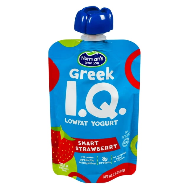 Norman Greek lowfat yogurt I.Q. Strawberry in a blue flexible pouch with a blue twist cap, featuring strawberry graphics and labeled with 8g protein and probiotic acidophilus, suitable for portable dairy snack.