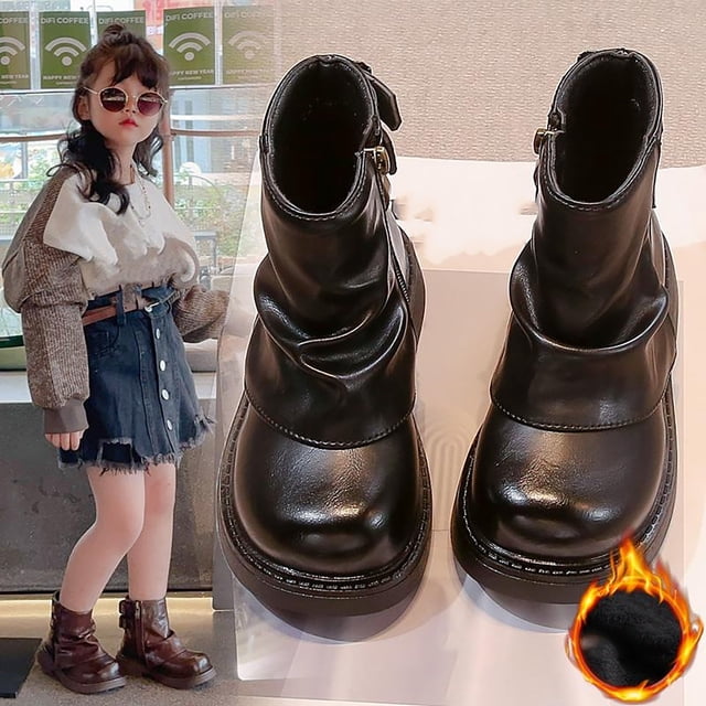 NOKIO Girls’ Chun𝗄y Heel Ankle Boots, Leather Pull-On Booties with Two Buckle Straps, Round Toe Comfortable Platform Winter Shoes