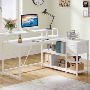 Fnova 55" Bureau avec tiroir, table reversible moderne L en forme de coin blanc Bureau d'ordinateur avec étagères de rangement et moniteur stand pour le bureau à domicile
