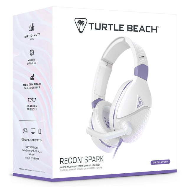 Turtle Beach Recon Spark Casque de Jeu Filaire Blanc et Lavande avec microphone Rabattable pour Couper le Son, Haut-Parleurs de 40 mm, Coussinets d'Oreille en Mousse Mémoire Conçus pour les Porteurs de Lunettes, Serre-Tête Renforcé de Métal, et Compatibilité Multiplateforme pour PlayStation, Xbox, PC et Appareils Mobiles avec Prise de 3,5 mm.