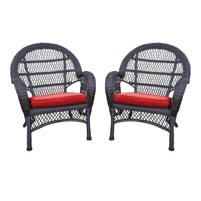 Jeco Chaise en Osier Couleur Espresso avec Coussin Rouge (Ensemble de 2)