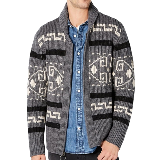 MAWCLOS Men Cardigan Sweater Lapel Cardigans Zip Up Outwear Slim Fit Travel Long Sleeve Sweaters Gray L