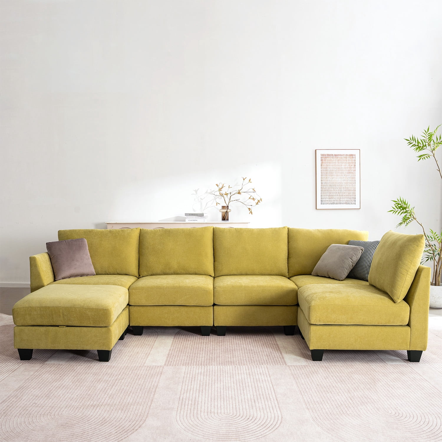 Canapé d'angle modulaire en forme de U 315 cm, 6 places, avec pouf de rangement et ports USB, jaune