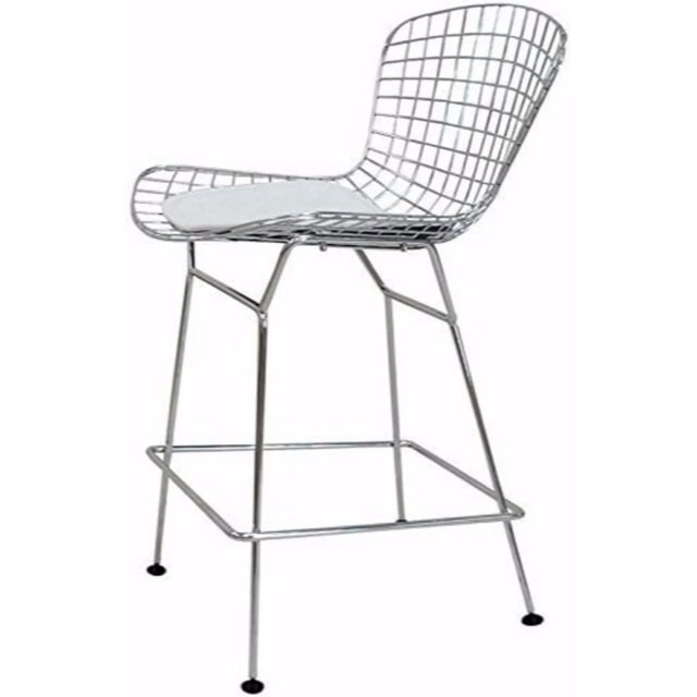 Nicer Furniture Chromed Steel Leatherette Pu Pad Counter Stool with chromed steel wireframe, white leatherette seat cushion, and square footrest, designed for kitchen and dining seating as a modern bar stool.