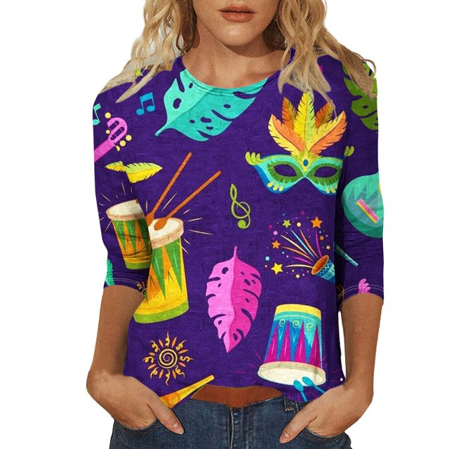Outfmvch Chemises Mardi Gras pour Femmes, Manches 3/4 Hauts pour Femmes, Tenue Mardi Gras pour Femmes, Blouses pour Femmes, Hauts d'Entraînement pour Femmes, Tunique Graphique de Carnaval Manches 3/4 Col Rond Blouse Bleue TG