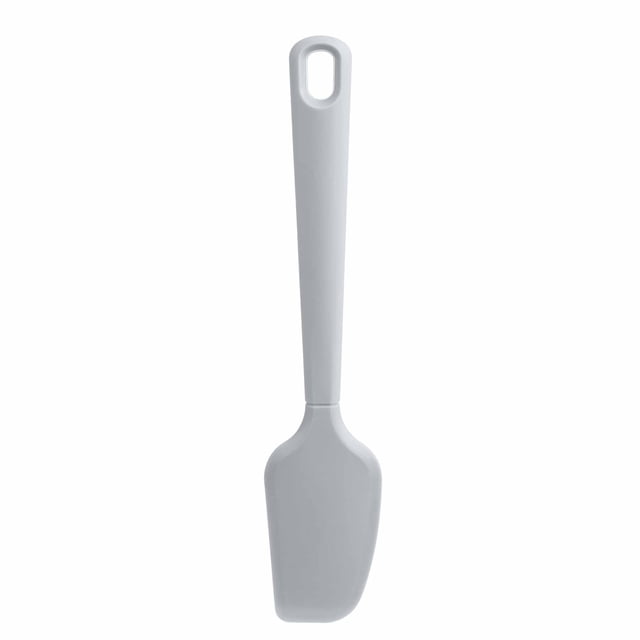 Mainstays Silicone Spatula in grey with a flexible silicone head and long handle featuring a hanging hole, designed for mixing, folding, and spreading ingredients, made with a nylon core and heat-resistant up to 232°C (450°F), dishwasher safe kitchen utensil.