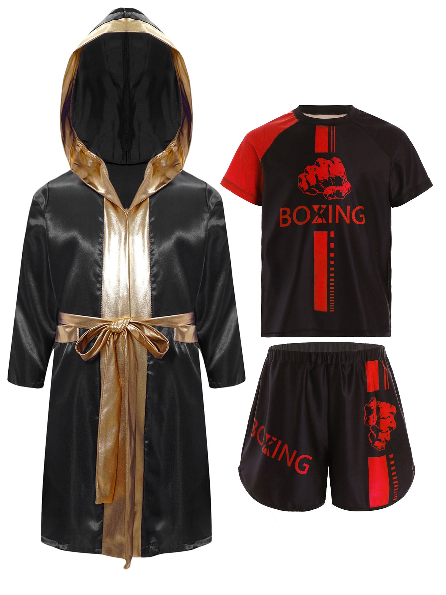 iiniim Kids Boys Boxing Uniform Long Satin Hooded Cloak Boxing Robe with Training Tarcksuit Set Black&Red 6