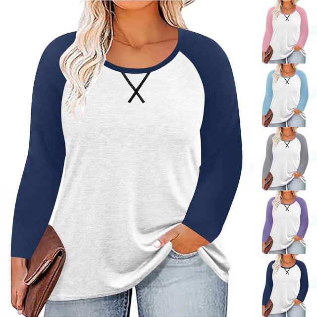 Yuyuzo T-Shirts pour Femmes Grande Taille à Blocs de Couleur à Manches Longues Col Ras du Cou Coupe Ample Confortable Tunique Unie T-Shirts