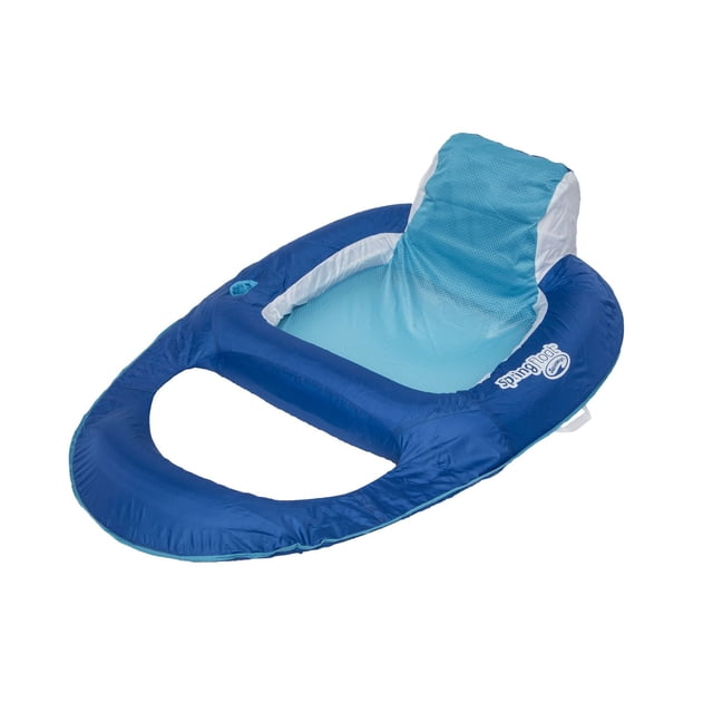 SwimWays Spring Float Recliner swim lounger in dark blue and light blue with a mesh seat suspending the lower body, integrated headrest, backrest, ottoman, and cup holder, made with durable fabric and patented spring for stability, suitable for pool, lake, or river tube use.