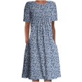 thumbnail image 1 of QJUHUNG Midi pour Femmes Été Décontracté Ample Bohème à Imprimé Floral Col Ras du Cou Manches Courtes Longueur Genou Robe Froncée avec Poches, 1 of 4