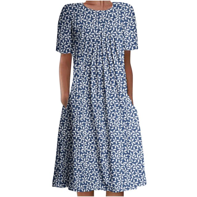 QJUHUNG Midi pour Femmes Été Décontracté Ample Bohème à Imprimé Floral Col Ras du Cou Manches Courtes Longueur Genou Robe Froncée avec Poches