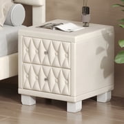 Euroco Velvet Nightstand with 2 Drawers and Crystal Handle, Storage Bedside Table with Button-Tufted, Beige
