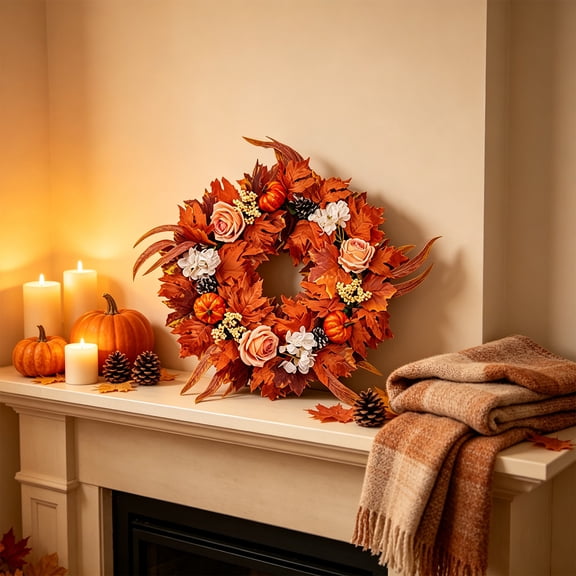 Autumn Harvest Sunflower Wreath 21.65in with Artificial Pumpkins and Maple Leaves, Wall Hanging Festive Decorative Wreath for Home