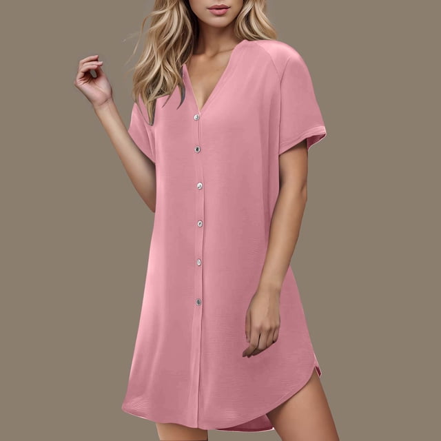Ovzne Robes d'Été pour Femmes Robe d'Été Décontractée pour Femmes Robe d'Été à Boutons Col en V Printemps Robe à Manches Courtes Robe de Nuit Robe Trapèze Robe Décontractée Robe Grande Taille Manches Courtes Liquidation