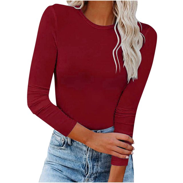 Qertyioot T-Shirt Blouse Basique Aguichant Moulante Extensible à Manches Longues pour Femme, Mode d'Automne, Hauts Unis