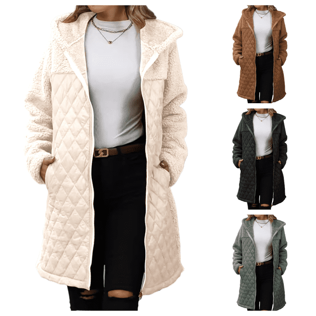 LOVZFMLL Jackets for Women Ladies' Trendy Solid Color Zipper Hooded Loose Medium Long Plush Jacket. The image displays the jacket in beige, brown, and green colors, featuring a quilted lower half, plush upper half, and a hooded collar. Designed for casual and daily wear, it has a medium-long length and relaxed fit, ideal for layering. The model wears the jacket with a white top and black pants, showcasing its versatility as women's outerwear and plus-size fashion.