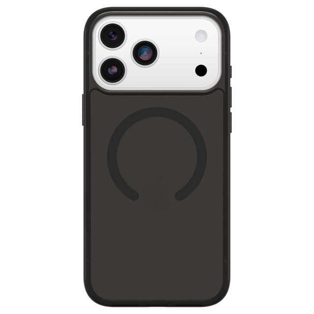 OtterBox Symmetry Clear MagSafe Case w/Camera Control Black Mist (Black) for iPhone 17 Pro Max featuring a slim, clear black mist case with built-in MagSafe ring for wireless charging, tactile buttons, reinforced corners, and raised camera edges for protection.