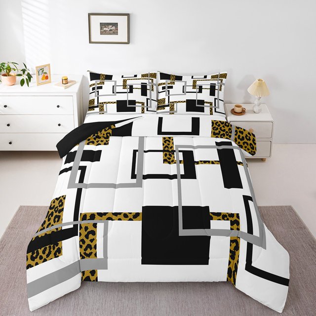 YST Ensemble de Couette Moderne Taille Complète, Literie Rayée Noire et Blanche, Ensemble de Couette Imprimé Léopard, Courtepointe Réversible Minimaliste avec 2 Taies d'Oreiller Décoration de Chambre