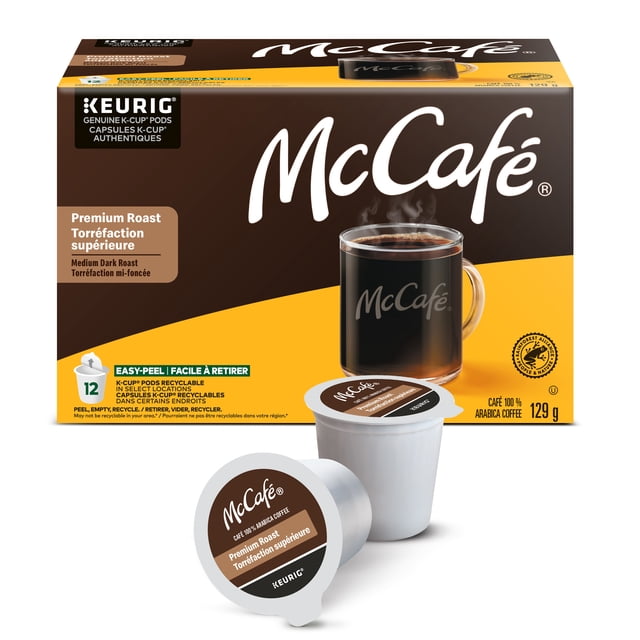 McCafé Premium Boîte de Dosettes de Café Torréfaction Moyenne Foncée K-Cup avec 12 Dosettes Recyclables, avec une Tasse en Verre Vapeur de Café Noir sur l'Emballage, Fabriquée à Partir de Grains 100 % Arabica Provenant de Fermes Certifiées Rainforest Alliance, compatible avec Toutes les Cafetières Keurig.