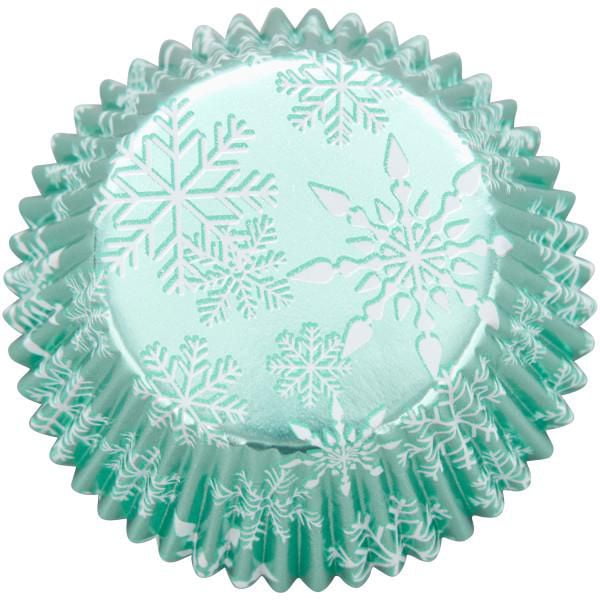 Caissettes alu pour petits gâteaux de Noël sarcelle avec flocon de neige Wilton, 24 unités