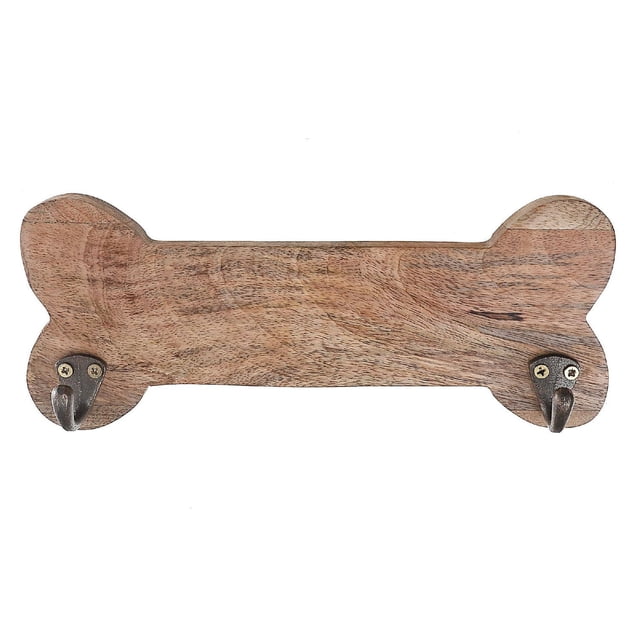 Wooden Bone Shape With 2 Brass Hooks Natural, a natural wood wall hook shaped like a dog bone with two brass hooks on each end, measuring 12 by 4.75 inches, suitable for hanging small accessories and organizing coats or clothing in home storage spaces.