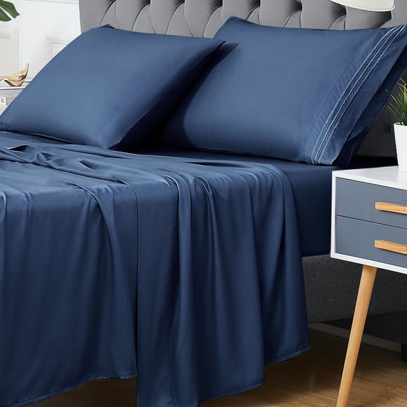 4 PCS Bamboo Sheets, 100% Bamboo Bed Sheets Deep Pocket Cooling, Cool Sheets for Hot Sleeper, Luxury Sheet Set, Super Soft Breathable Comfortable – Navy Blue, King