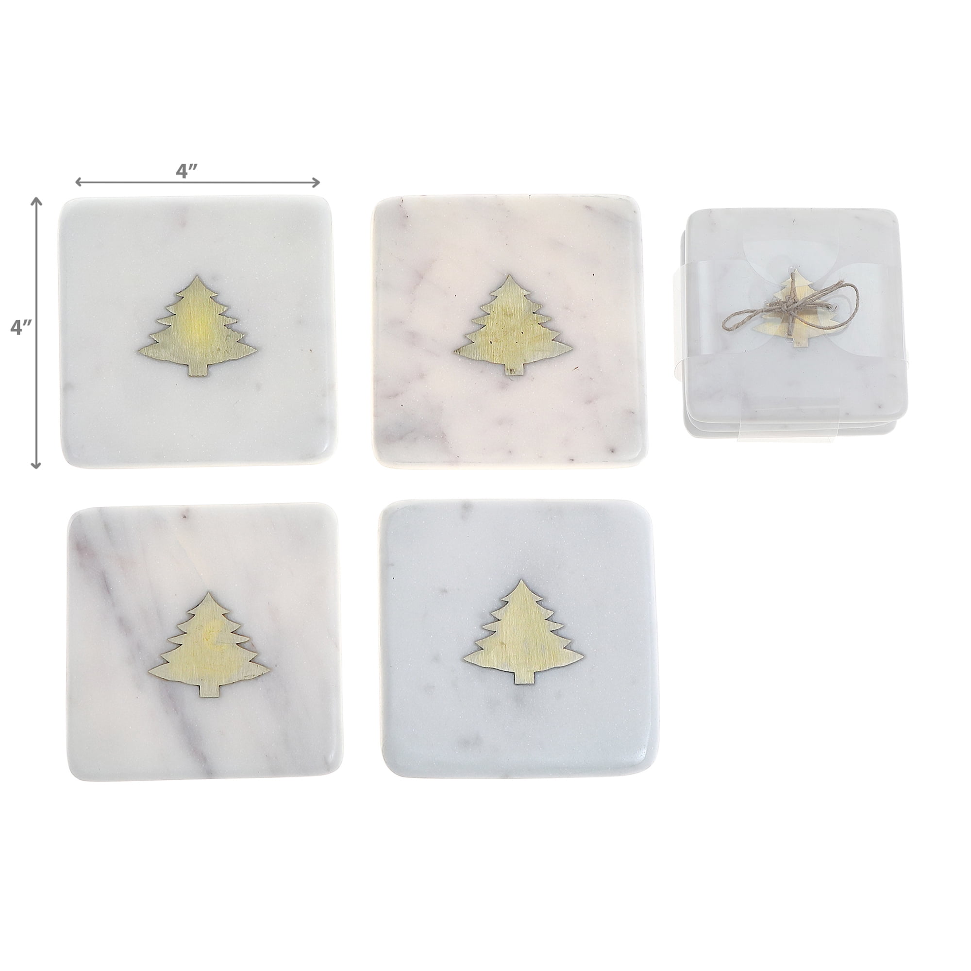 Lot De 4 Sous-Verres Carrés En Marbre Blanc Avec Incrustations En Laiton Représentant Un Arbre (10 X 10 Cm)