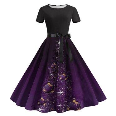 Jsaierl Robes de Noël pour Femmes Robe de Thé Classique Manches Courtes Évasée Robe de Cocktail Robes de Fête Robe Trapèze Robe des Fêtes