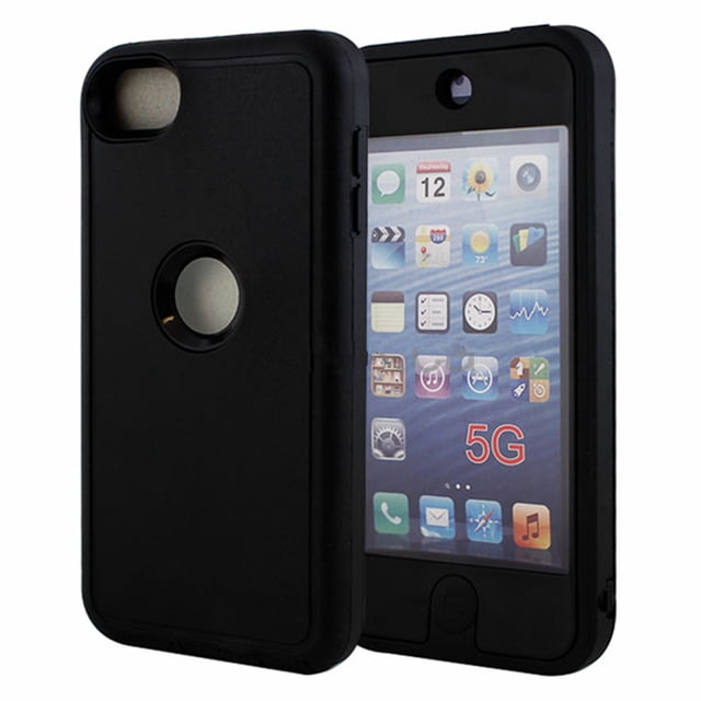 PST iPod Touch 5 / 6 / 7 Hard Case with anti-drop triple-layer armor construction, reinforced corners, and shockproof heavy-duty protection. The black case features precise cutouts for buttons, ports, and a dust plug for the charging port. Raised edges safeguard the screen and camera from scratches.