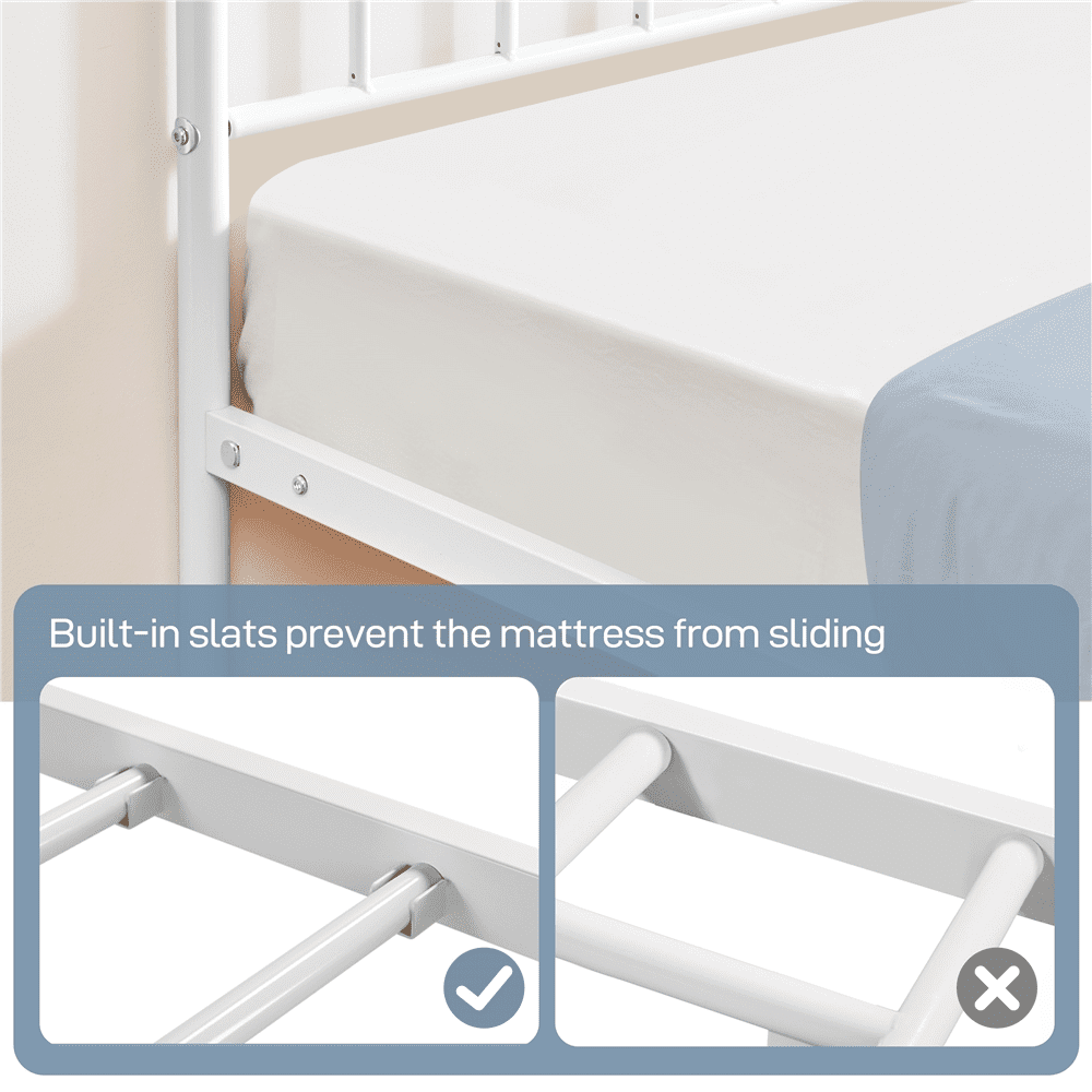 Fullfurnique Minimalist Metal Bed Frame with Vertical Bar Headboard and Footboard, Queen, White