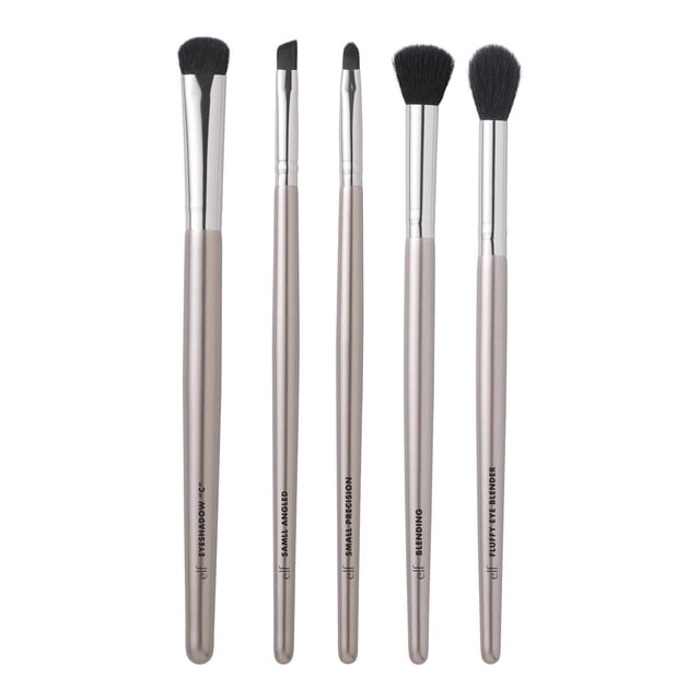e.l.f. cosmetics Smoky Eye Brush Kit with five makeup brushes featuring beige handles and silver ferrules, including fluffy eye blender, small angled, small precision, blending, and eyeshadow 'C' brushes designed for precise smoky eye makeup application and blending.