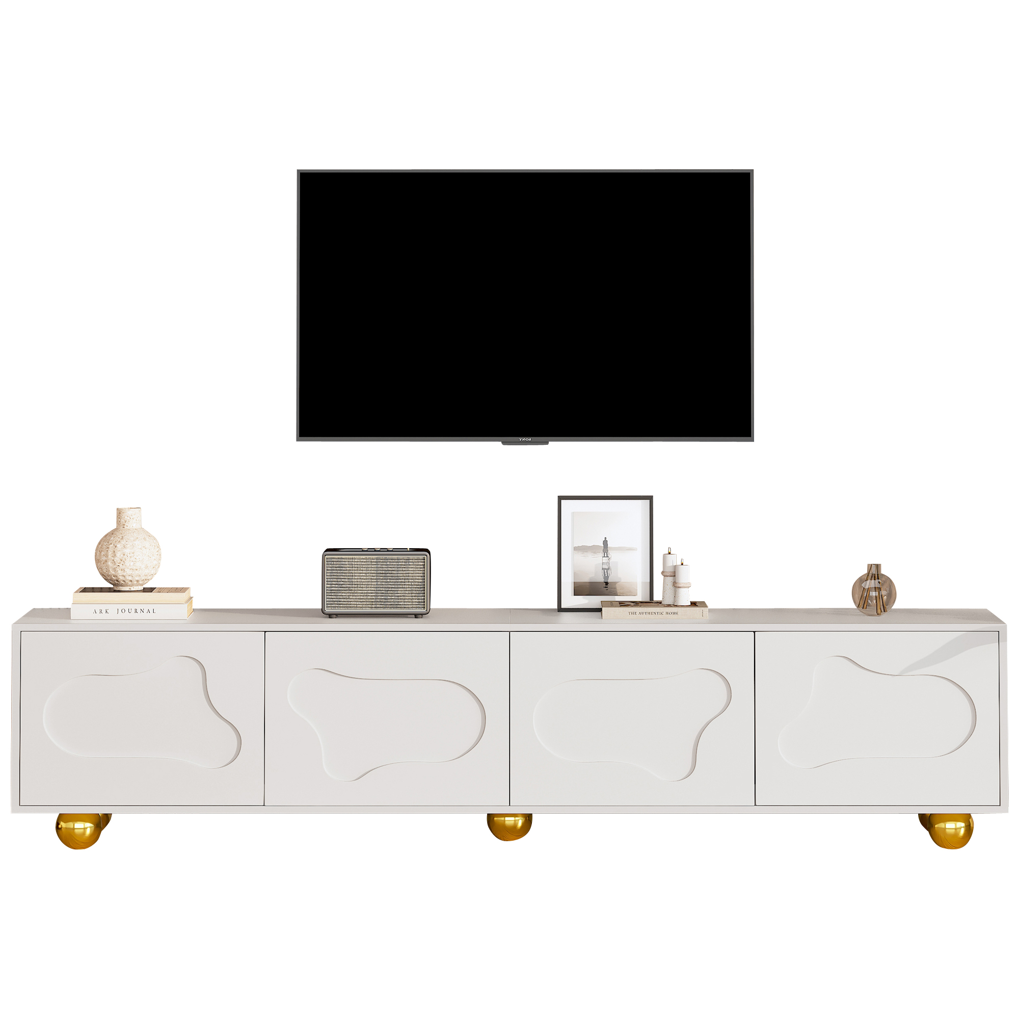 Meuble télé Noble House 64,8 pouces, console multimédia pour téléviseur de 65 pouces, blanc et bois naturel