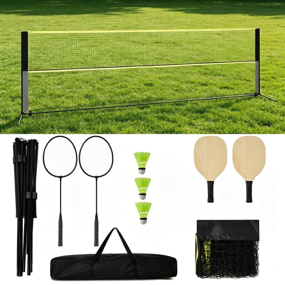Ensemble Portable de Pickleball et Filet de Badminton de 16,8 Pi – Hauteur Ajustable, Ensemble de Sport Extérieur 2-en-1 avec 2 Pagaies, 2 Raquettes, 3 Balles et Sac de Transport pour Cour Arrière et Plage