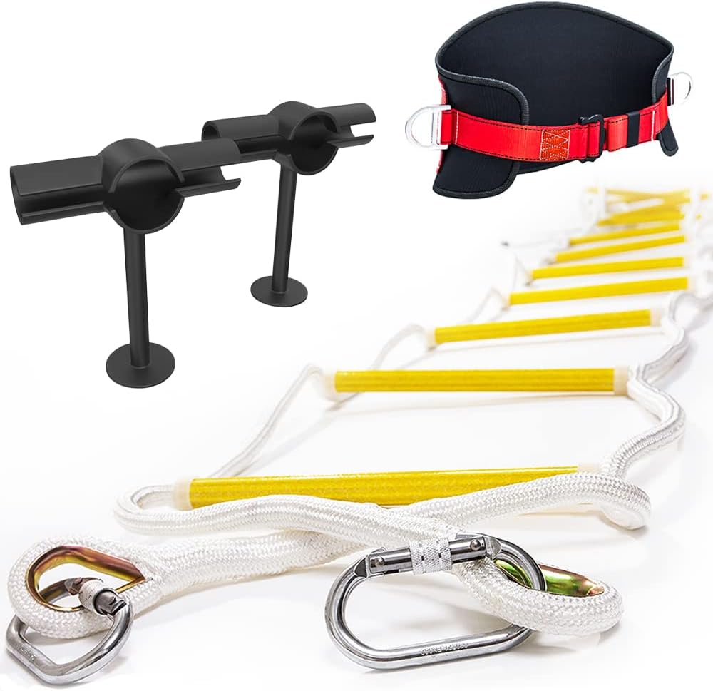Safety Ladder 32 ft Flame Resistant - Innovative Solution Ladder with Stand-Off Stabilizers, Safety Cord & Belt - Reusable - Weight Capacity up to 2000 Pounds