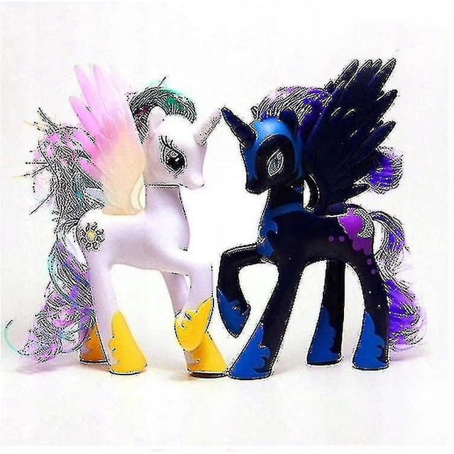 2pcs My Little Pony Princess Luna Celestia Set by fanceye featuring two 14cm plastic fashion dolls. The set includes Princess Luna in black with purple accents and Celestia in white with pastel highlights. Both figures have detailed wings and colorful manes, ideal for imaginative play or display.